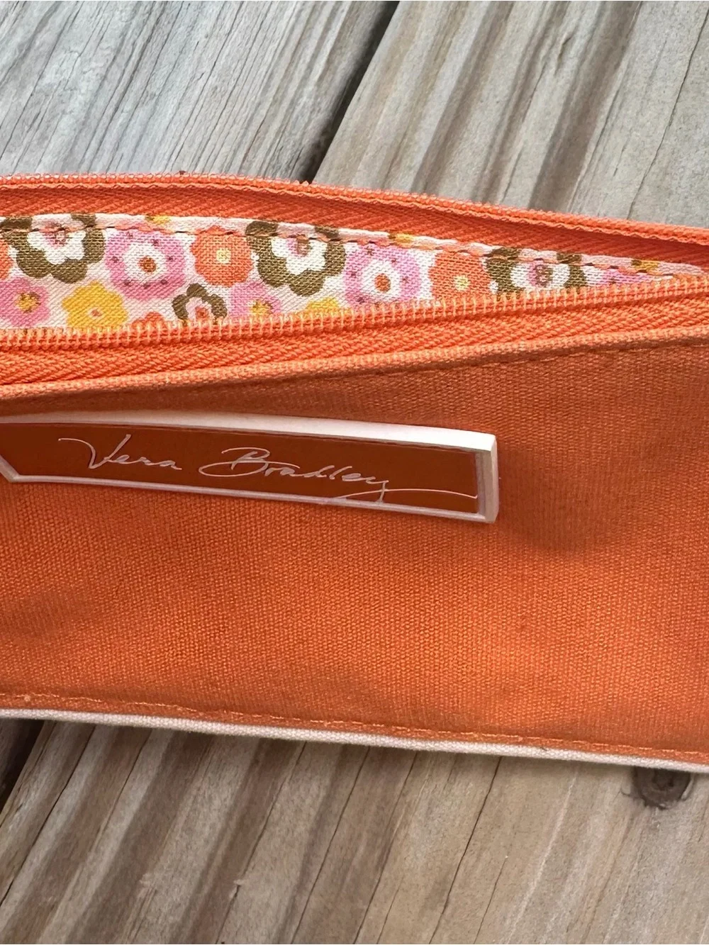 Vera Bradley Small Thin Orange Travel Card Organizer Wallet With Flower Trim